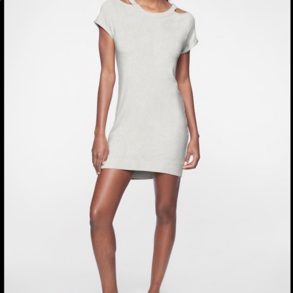 Athleta Shala cut out Cold Shoulder High Low Dress Fog Grey Heather size M